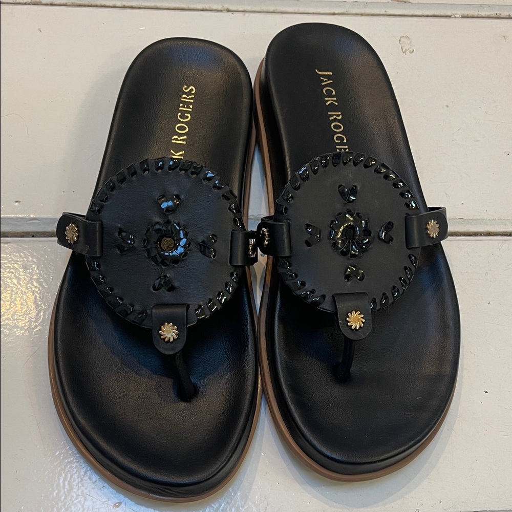 Jack Rogers Black Slide Sandals with gold motif and black patent lacing